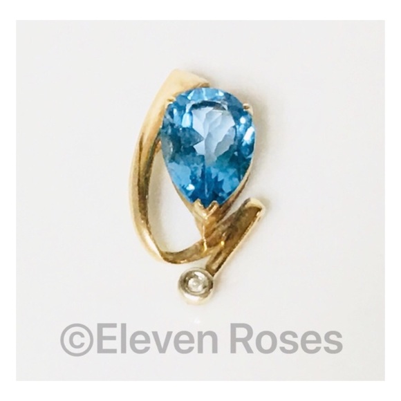 Large 10k Gold Blue Topaz & Diamond Slide Pendant